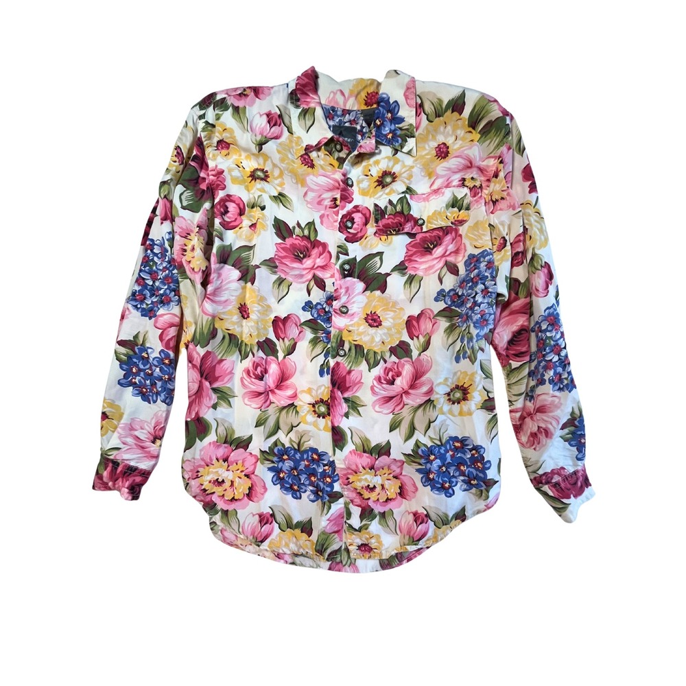 Vintage 90s Lizwear Floral Rayon Button Shirt Size S Cottagecore Romantic Granny